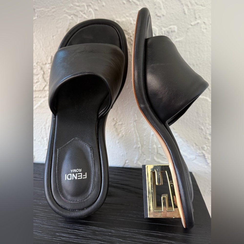 Fendi Black Nappa leather slide with Gold Accent